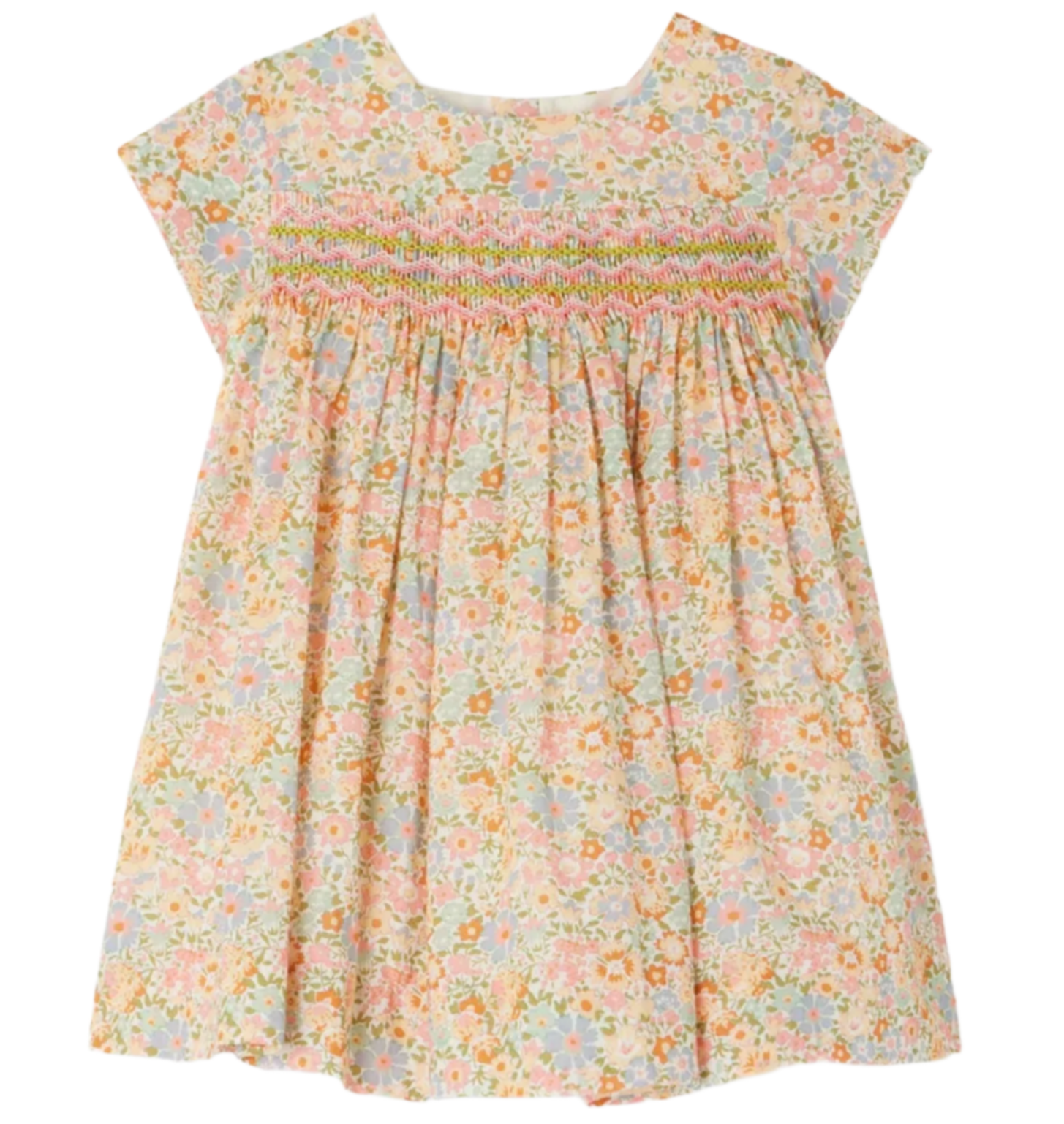 The Bonpoint Baby Girls' and Girls' Maruska Smocked Dress, made with Liberty fabric, features multicolored floral print, hand-embroidered smocking on the chest, short sleeves, and a loose silhouette.