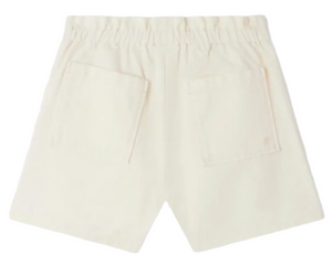 Back view of Bonpoint Girls' Milly Short with Pockets, cream-colored, featuring an elastic waistband and two large patch pockets.