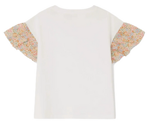 The Bonpoint Girls' Ezell T-shirt in Milk White features ruffled sleeves and a delicate pastel floral pattern, shown from the back.