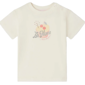 The Bonpoint Baby Girls' and Girls' Dom T-shirt is a cream-colored organic cotton jersey tee with shoulder buttons and a "La Glace" ice cream and cherries graphic.