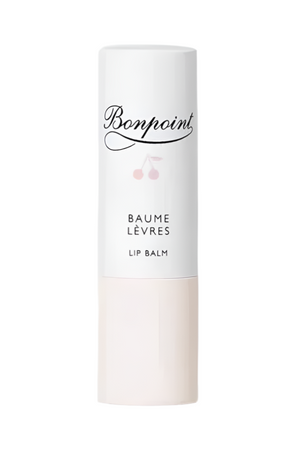 Bonpoint's Moisturizing & Protective Lip Balm 4g comes in a white and pale pink tube with a cherry illustration and brand logo, nourishing lips with soothing shea butter.