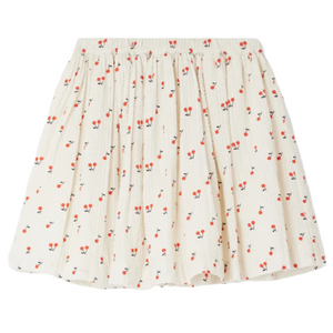 The Bonpoint Girls' Suzon Skirt features a charming cherry print on a white pleated design.