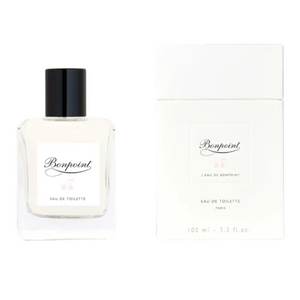 A clear glass bottle of Bonpoint Eau de Toilette 100ml, featuring a delicate citrus and floral scent, stands next to its white box. Both display the Bonpoint logo and product details.