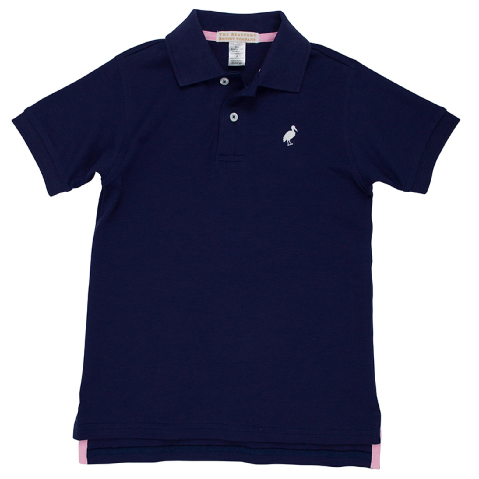 The Beaufort Bonnet Company Baby Boys' and Boys' Prim & Proper Polo is a navy blue short-sleeve collared shirt featuring two buttons and a small white bird logo on the left chest.