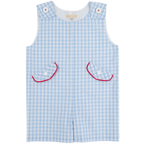 Baby Boys' Prescott Pocket Jon Jon by The Beaufort Bonnet Company, sleeveless blue gingham with two buttoned shoulder straps and two front pockets accented with red piping.