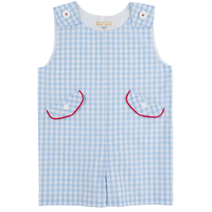 Baby Boys' Prescott Pocket Jon Jon by The Beaufort Bonnet Company, sleeveless blue gingham with two buttoned shoulder straps and two front pockets accented with red piping.
