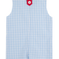 A blue and white Baby Boys' Prescott Pocket Jon Jon by The Beaufort Bonnet Company is shown from the back, featuring a red tab with a white button at the neckline.