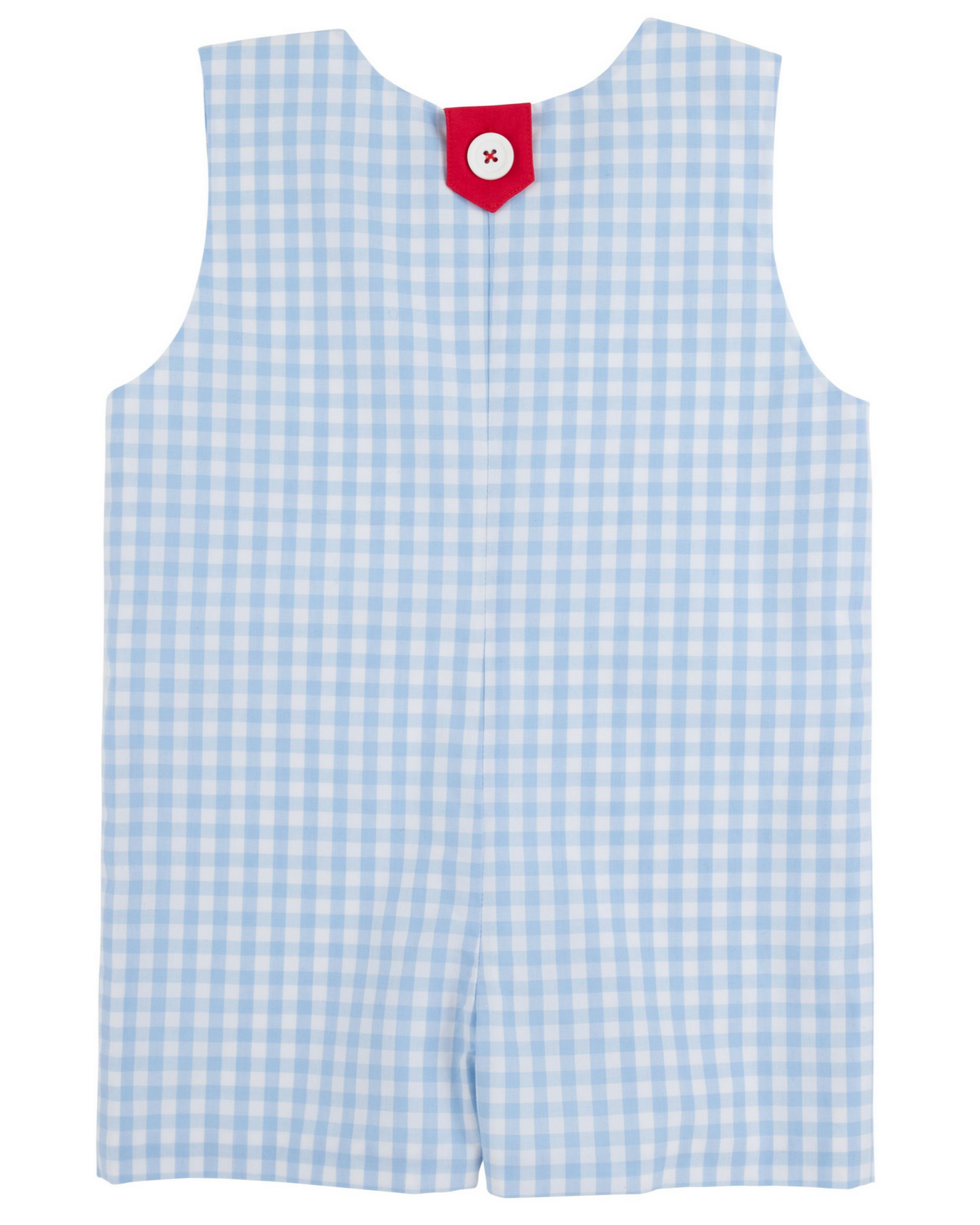 A blue and white Baby Boys' Prescott Pocket Jon Jon by The Beaufort Bonnet Company is shown from the back, featuring a red tab with a white button at the neckline.