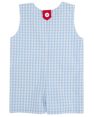 A blue and white Baby Boys' Prescott Pocket Jon Jon by The Beaufort Bonnet Company is shown from the back, featuring a red tab with a white button at the neckline.