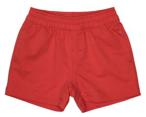 The Beaufort Bonnet Company Baby Boys and Boys' Sheffield Shorts—red elastic waist shorts with side pockets, shown flat on a white background.