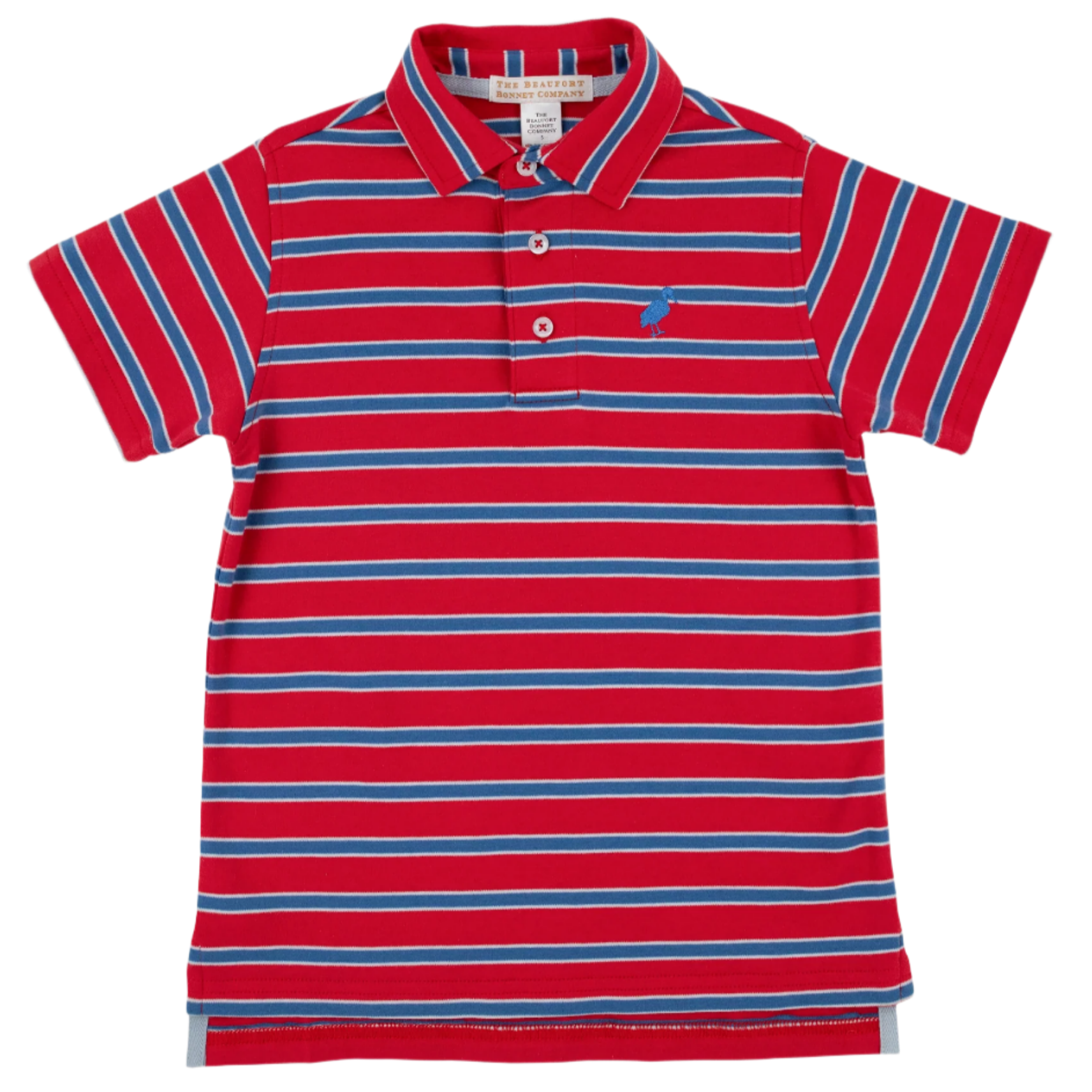The Beaufort Bonnet Company's Baby Boys' and Boys' Prim & Proper Polo is a red, short-sleeve polo with blue and white stripes, a three-button collar, and a small blue logo embroidered on the left chest.