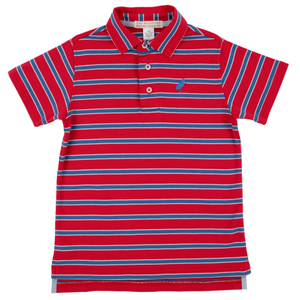 The Beaufort Bonnet Company's Baby Boys' and Boys' Prim & Proper Polo is a red, short-sleeve polo with blue and white stripes, a three-button collar, and a small blue logo embroidered on the left chest.