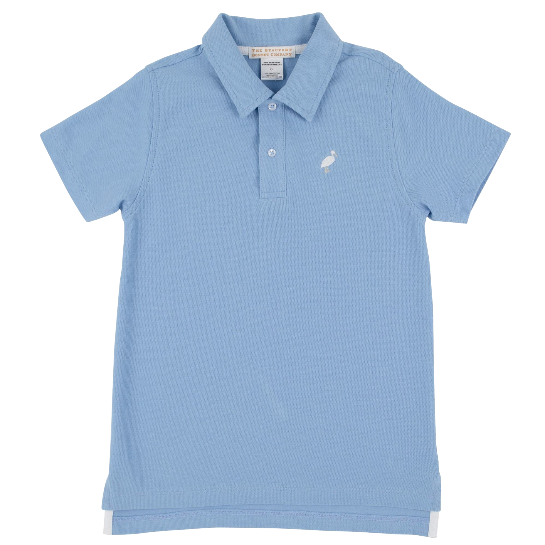 The Beaufort Bonnet Company’s Baby Boys' and Boys' Prim & Proper Polo features light blue short sleeves, a collar with two buttons, and a small embroidered bird logo for a classic preppy style.