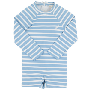 The Beaufort Bonnet Company's Baby Boys' Price Pool Romper is a light blue and white striped long-sleeve swim romper with UPF sun protection for children, shown laid flat on a white background.