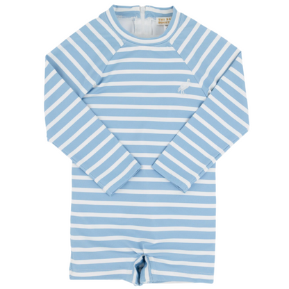 The Beaufort Bonnet Company's Baby Boys' Price Pool Romper is a light blue and white striped long-sleeve swim romper with UPF sun protection for children, shown laid flat on a white background.