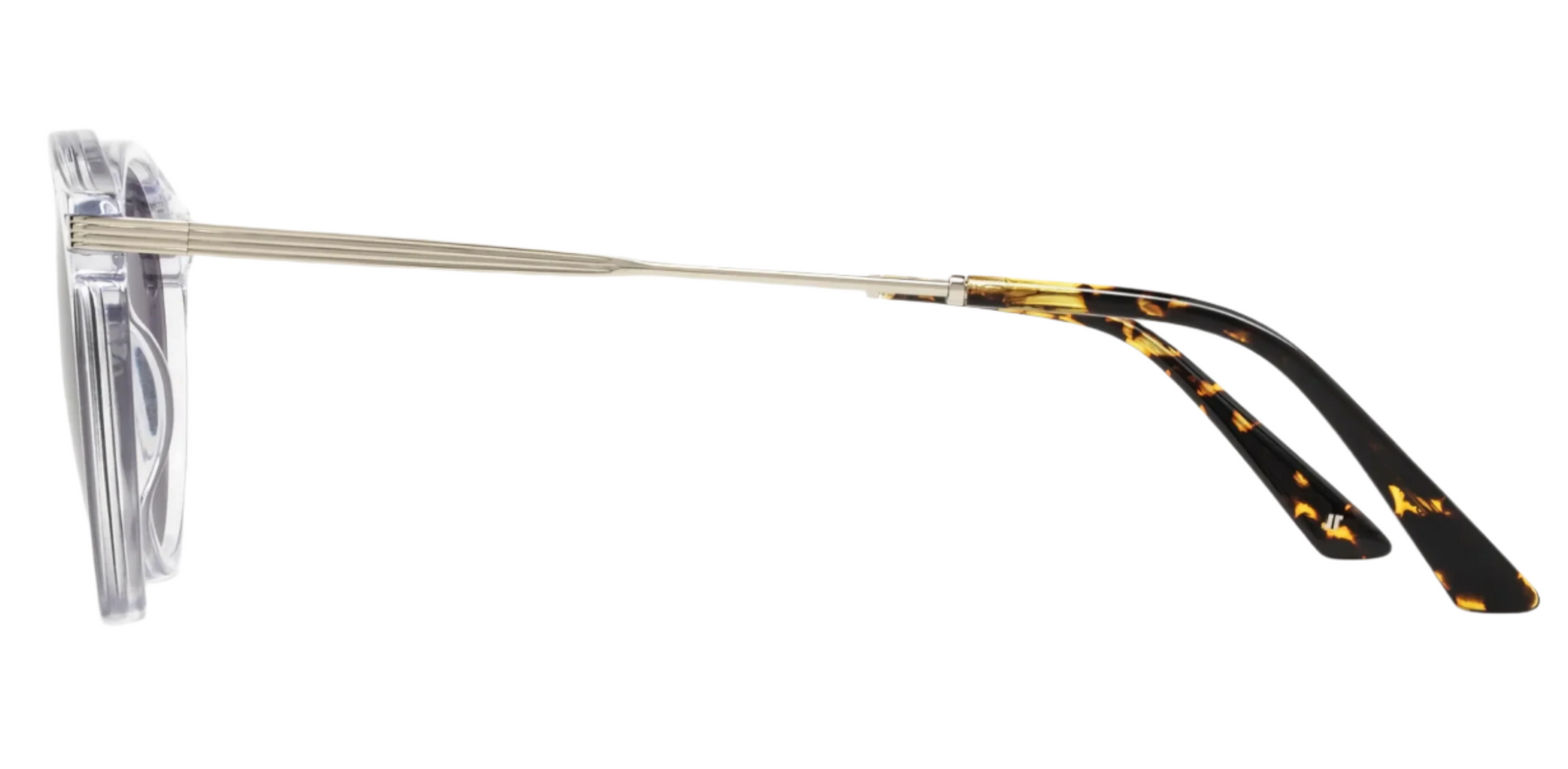 Side view of The Noto by Jimmy Fairly, showcasing a lightweight acetate frame, metal temples, and tortoiseshell-patterned tips against a white background.
