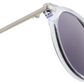 Close-up of The Noto by Jimmy Fairly—lightweight sunglasses with clear acetate frames, metallic arms, and dark tinted lenses—shown against a white background.