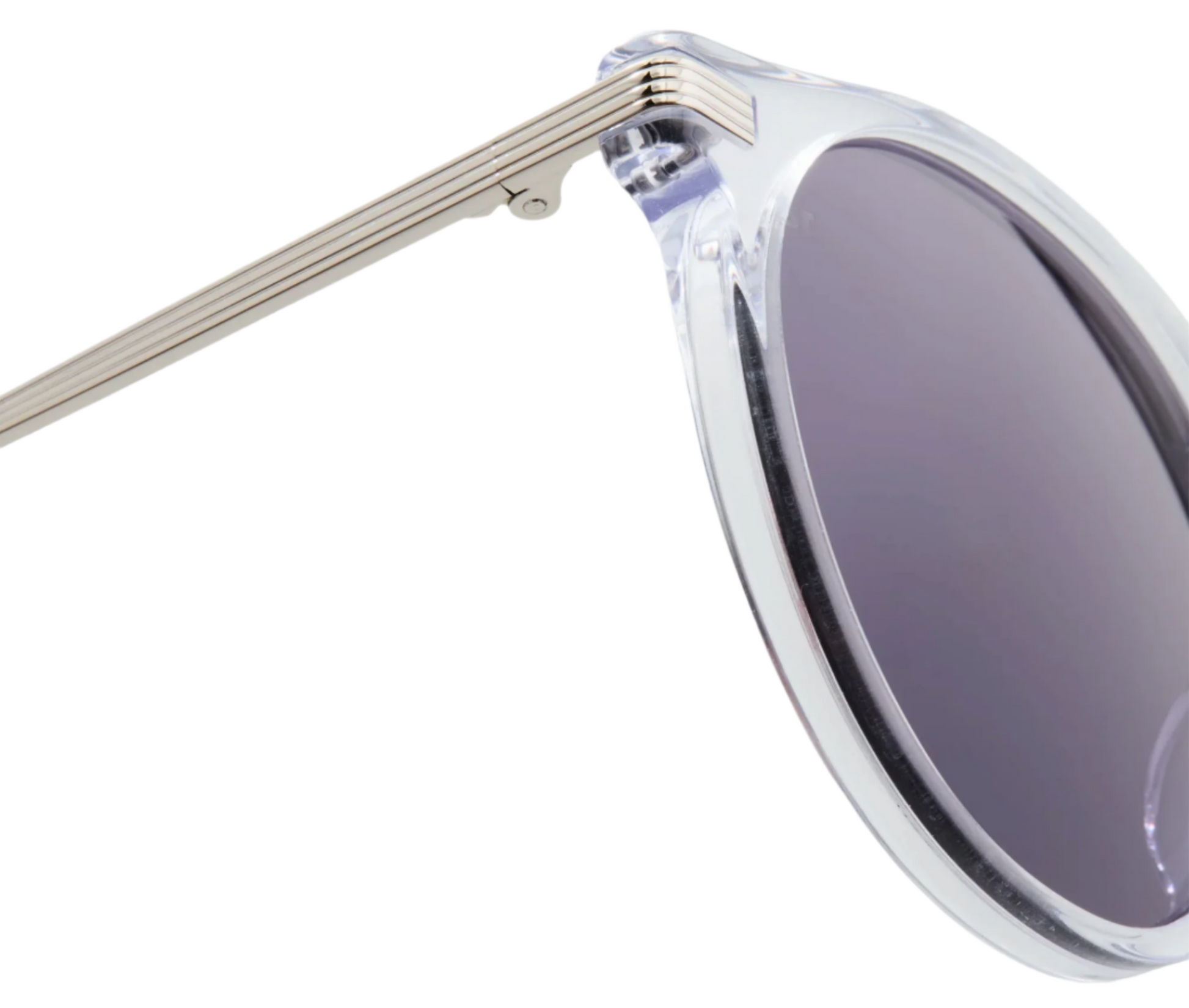 Close-up of The Noto by Jimmy Fairly—lightweight sunglasses with clear acetate frames, metallic arms, and dark tinted lenses—shown against a white background.