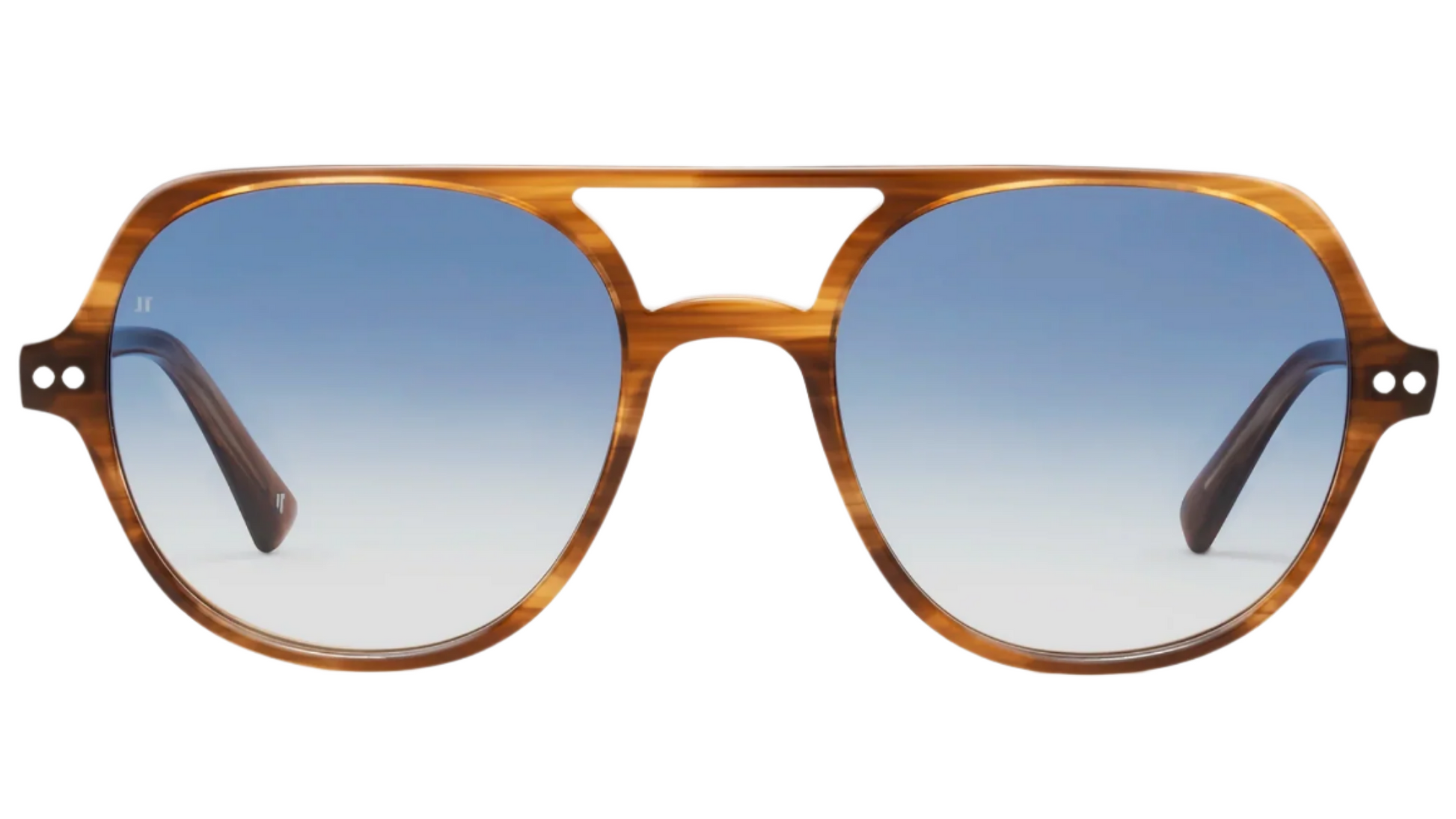 The Lars by Jimmy Fairly: brown tortoiseshell aviator-style sunglasses featuring blue gradient lenses and a chic cellulose acetate frame, displayed on a white background.
