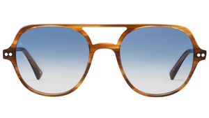 The Lars by Jimmy Fairly: brown tortoiseshell aviator-style sunglasses featuring blue gradient lenses and a chic cellulose acetate frame, displayed on a white background.