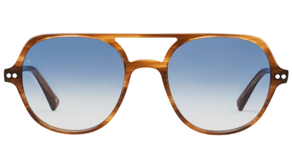 The Lars by Jimmy Fairly: brown tortoiseshell aviator-style sunglasses featuring blue gradient lenses and a chic cellulose acetate frame, displayed on a white background.