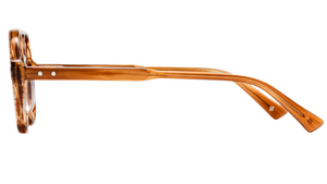 Side view of The Lars by Jimmy Fairly: a brown translucent cellulose acetate eyeglass frame with two small silver dots near the hinge and clear, straight arms, displayed on a white background.
