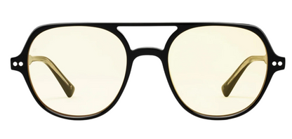 The Lars by Jimmy Fairly: black aviator eyeglasses with a double bridge, cellulose acetate frame, and yellow-tinted lenses, shown on a white background.