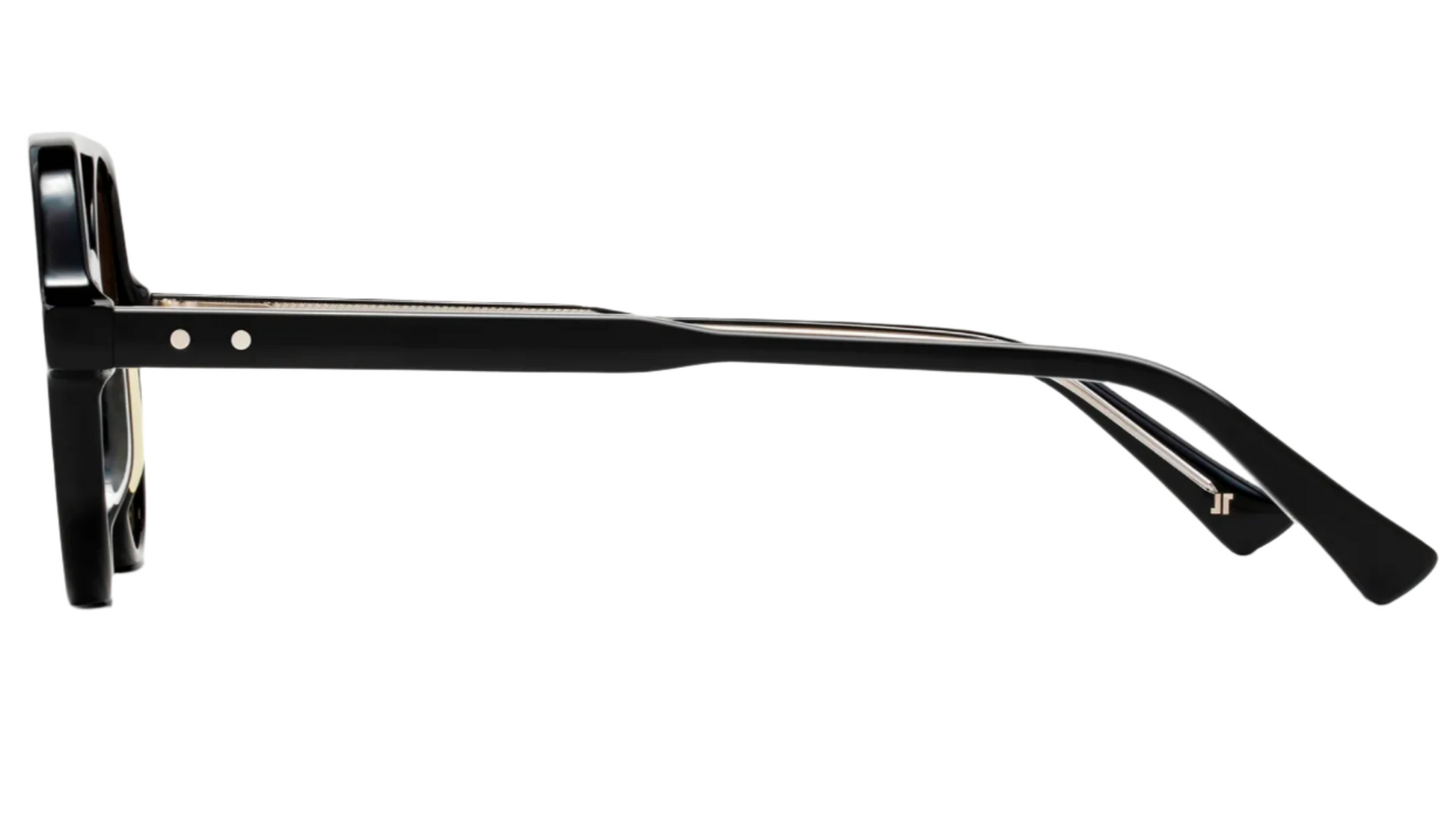 A side view of The Lars by Jimmy Fairly—black cellulose acetate glasses with thick rectangular frames and straight temples—photographed on a white background.