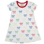 Girls' Polly Play Dress by The Beaufort Bonnet Company features white short sleeves, a red neckline, and multicolored bows—perfect for any Ribbon Reminder occasion.
