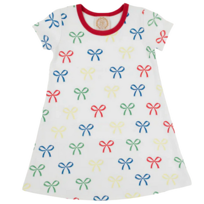 Girls' Polly Play Dress by The Beaufort Bonnet Company features white short sleeves, a red neckline, and multicolored bows—perfect for any Ribbon Reminder occasion.