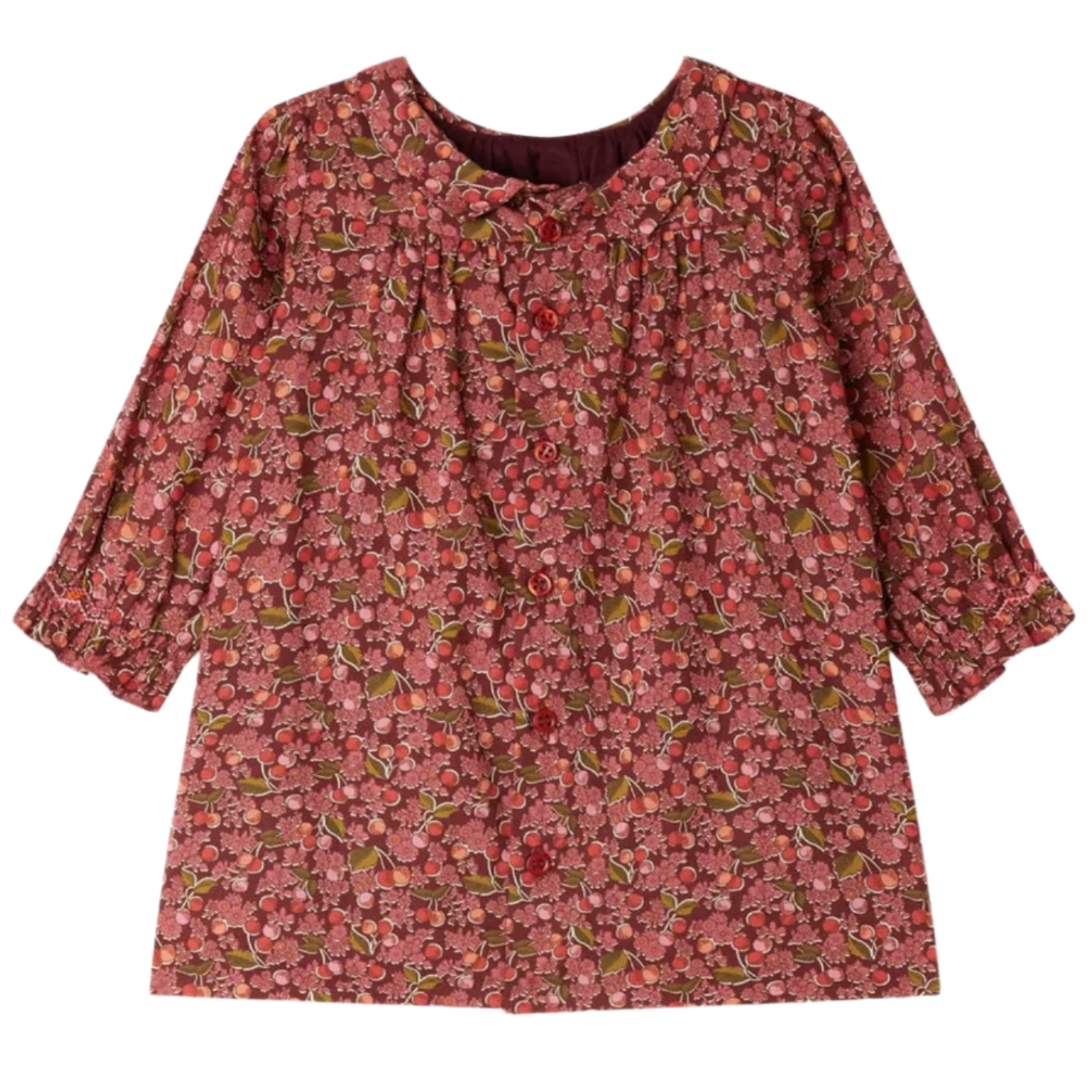 The Bonpoint Baby Girls' and Girls' Juju Smocked Dress is made with Liberty Fabrics in organic cotton, featuring long sleeves, a red floral print, gathered cuffs, and a round neckline.
