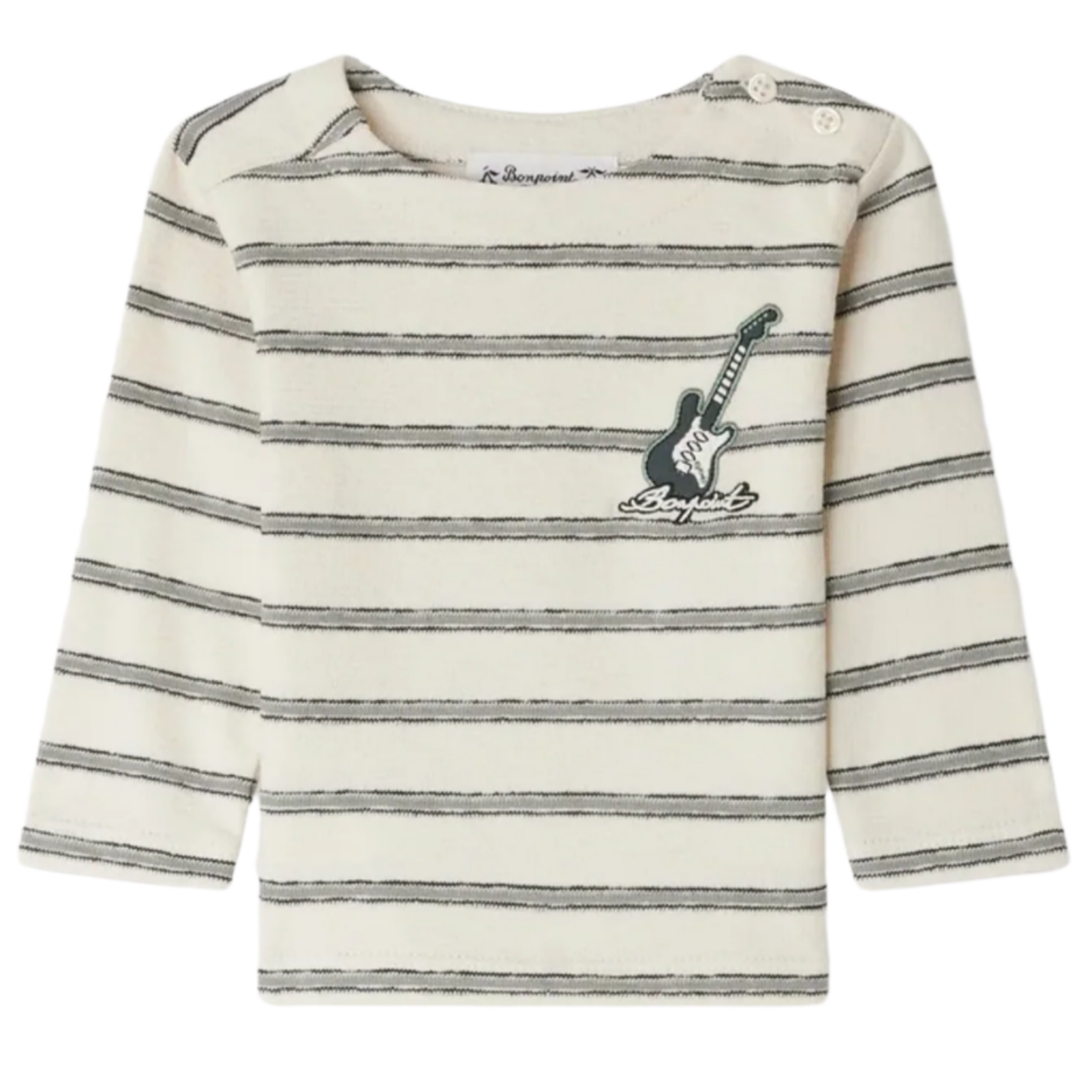 The Bonpoint Baby Boys' and Boys' Tourbillon T-shirt features green stripes, a small chest graphic, and is crafted from soft organic cotton for day-long comfort.