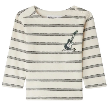 The Bonpoint Baby Boys' and Boys' Tourbillon T-shirt features green stripes, a small chest graphic, and is crafted from soft organic cotton for day-long comfort.