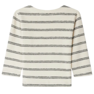 The Bonpoint Baby Boys' and Boys' Tourbillon T-shirt features green stripes, a wide neckline, and a relaxed fit. Made from organic cotton, this shirt is shown from the back in a nautical-inspired style.