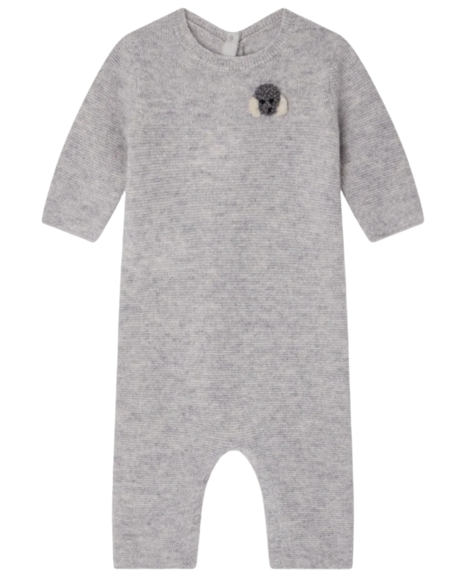 The Bonpoint Baby Boys' Tinoe All in One Outfit is a light gray, long-sleeved knit romper with snap buttons and a koala bear applique on the chest, shown laid flat on a white background.