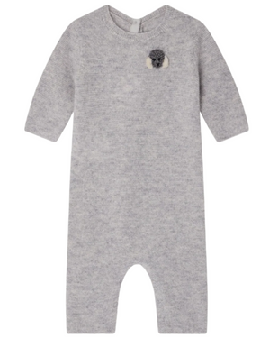 The Bonpoint Baby Boys' Tinoe All in One Outfit is a light gray, long-sleeved knit romper with snap buttons and a koala bear applique on the chest, shown laid flat on a white background.