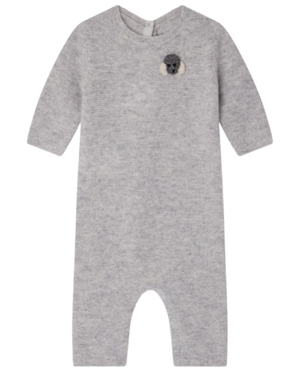 The Bonpoint Baby Boys' Tinoe All in One Outfit is a light gray, long-sleeved knit romper with snap buttons and a koala bear applique on the chest, shown laid flat on a white background.