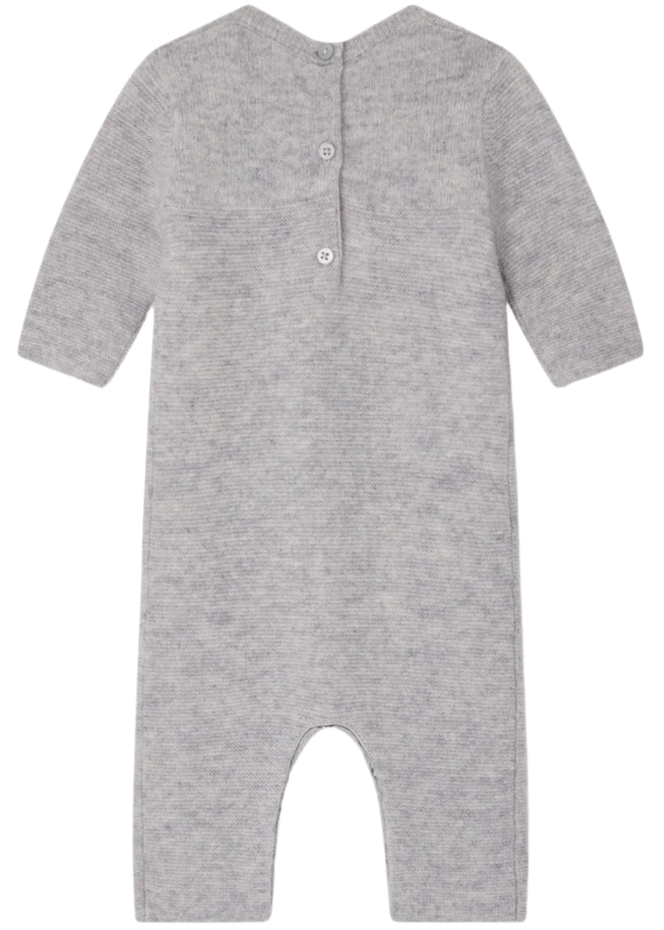 The Bonpoint Baby Boys' Tinoe All in One Outfit is a grey knit long-sleeve onesie with snap buttons down the back, closed feet, and an embroidered dog detail, shown laid flat with the back facing up.