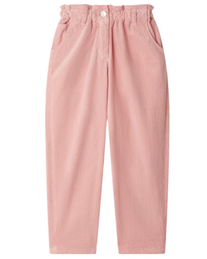 Bonpoint Girls' Sonie Mom-Fit Pants in pink velvet feature an elastic ruffled waistband, front button closure, and side pockets, shown against a white background.