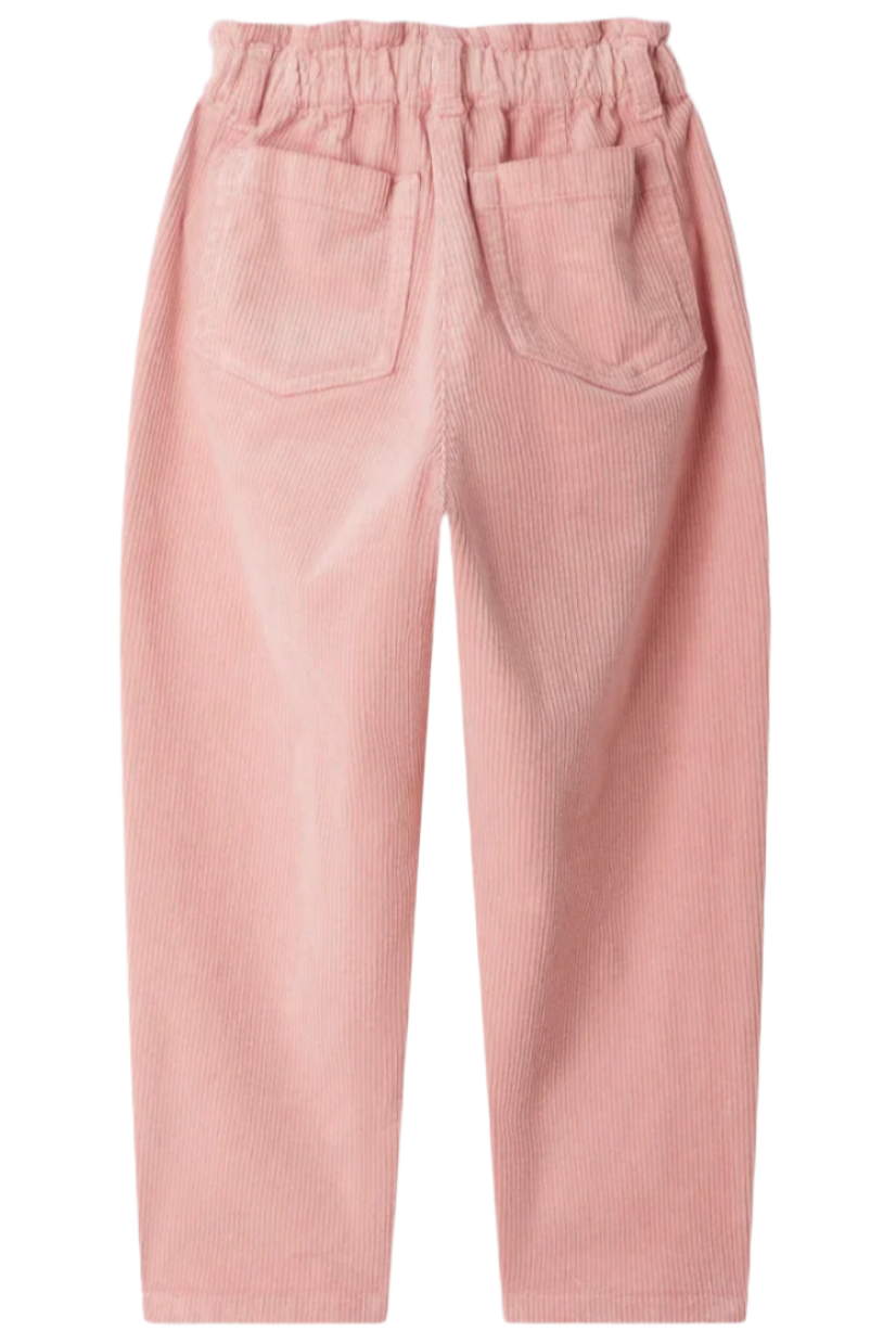 Back view of Bonpoint Girls' Sonie Mom-Fit Pants in Pink Velvet, featuring an elastic waistband and two back pockets. Perfect for girls who love a comfy style.