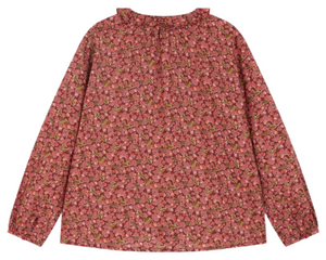 The Bonpoint Girls' Gentille Smocked and Embroidered Blouse in Liberty organic cotton features a gathered neckline, ruffled collar, and a delicate pink, red, and green floral print.