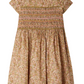 The Girls' Duchesse Smocked Dress made with Liberty Fabric by Bonpoint features short sleeves, knee-length, a gathered waist, multicolored floral print, and decorative embroidered smocking across the chest.