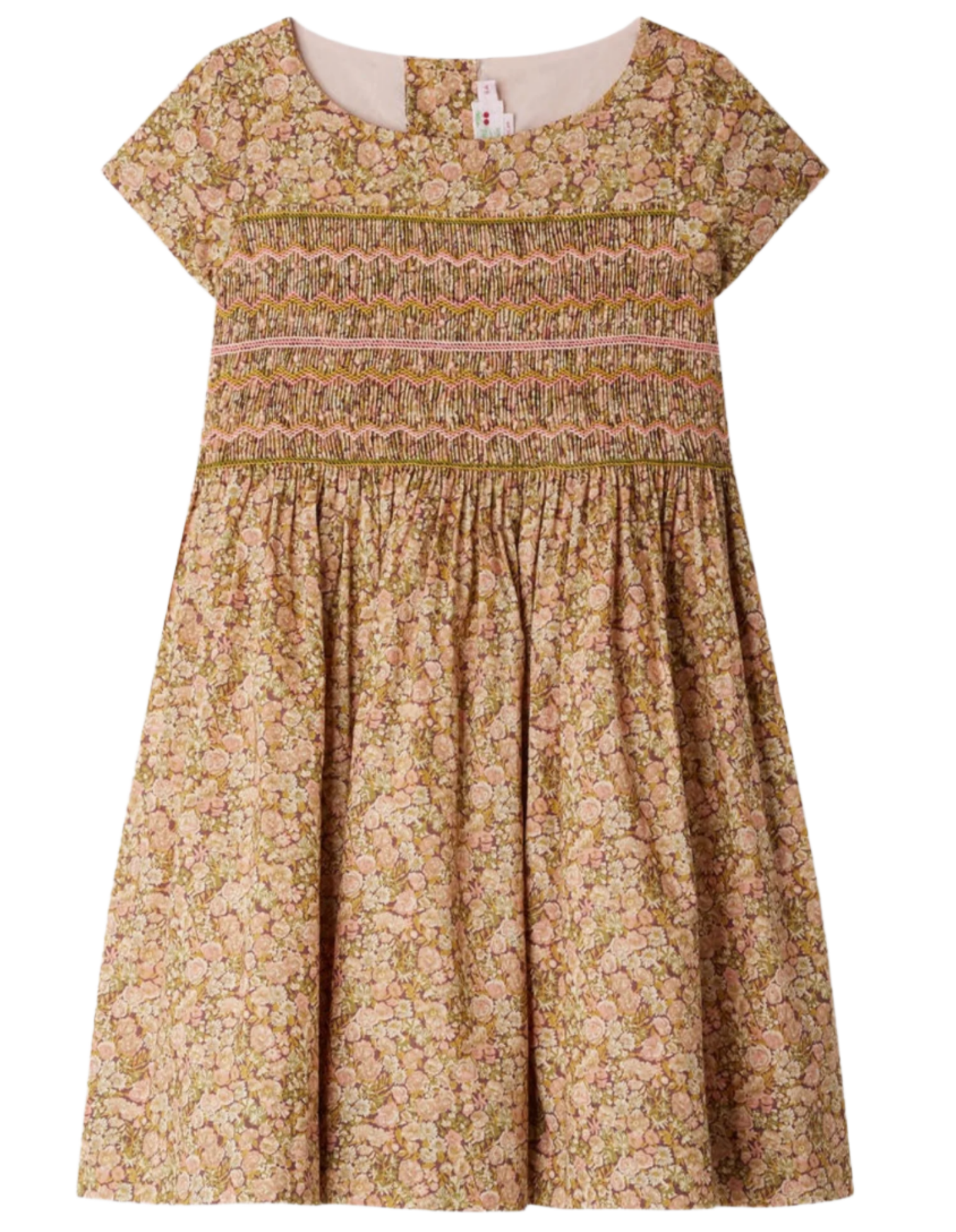 The Girls' Duchesse Smocked Dress made with Liberty Fabric by Bonpoint features short sleeves, knee-length, a gathered waist, multicolored floral print, and decorative embroidered smocking across the chest.