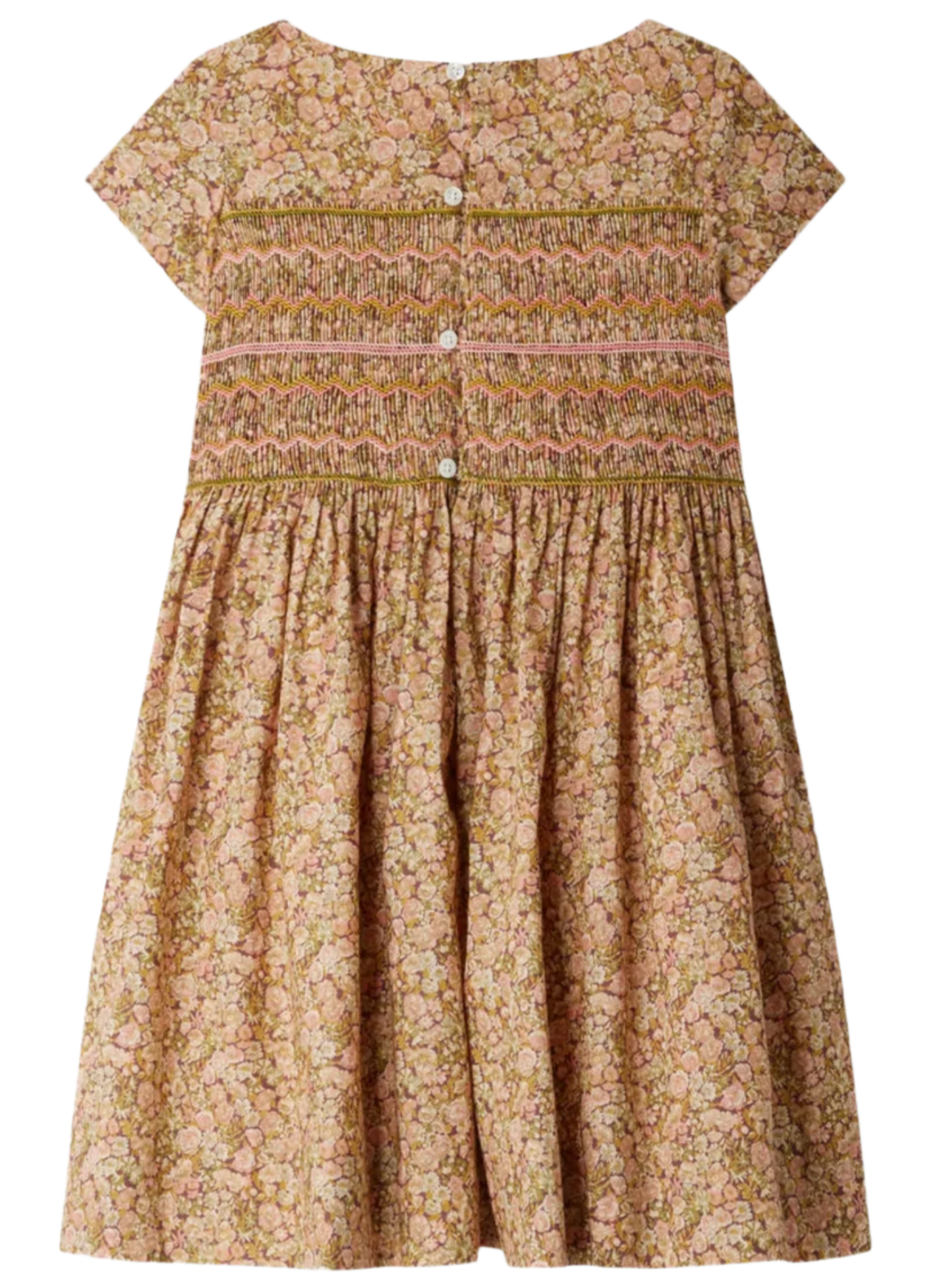 The Bonpoint Girls' Duchesse Smocked Dress made with Liberty Fabric is a knee-length, short-sleeved floral dress, featuring delicate embroidered smocking and back buttons.