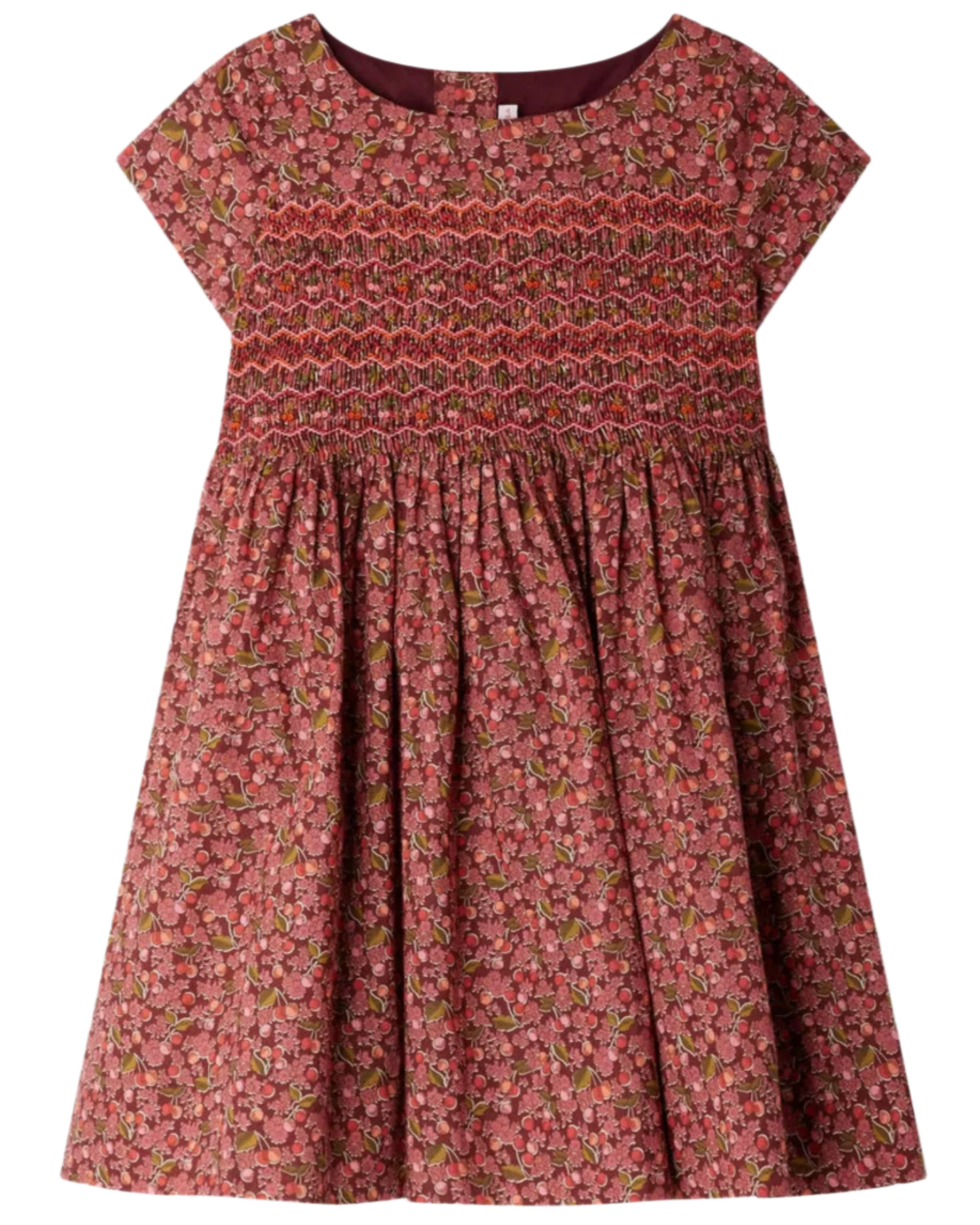 The Bonpoint Girls' Duchesse Smocked Dress, made with Liberty fabric, features short sleeves, a knee-length cut, multicolored floral pattern, and an embroidered smocked bodice, displayed flat on a white background.
