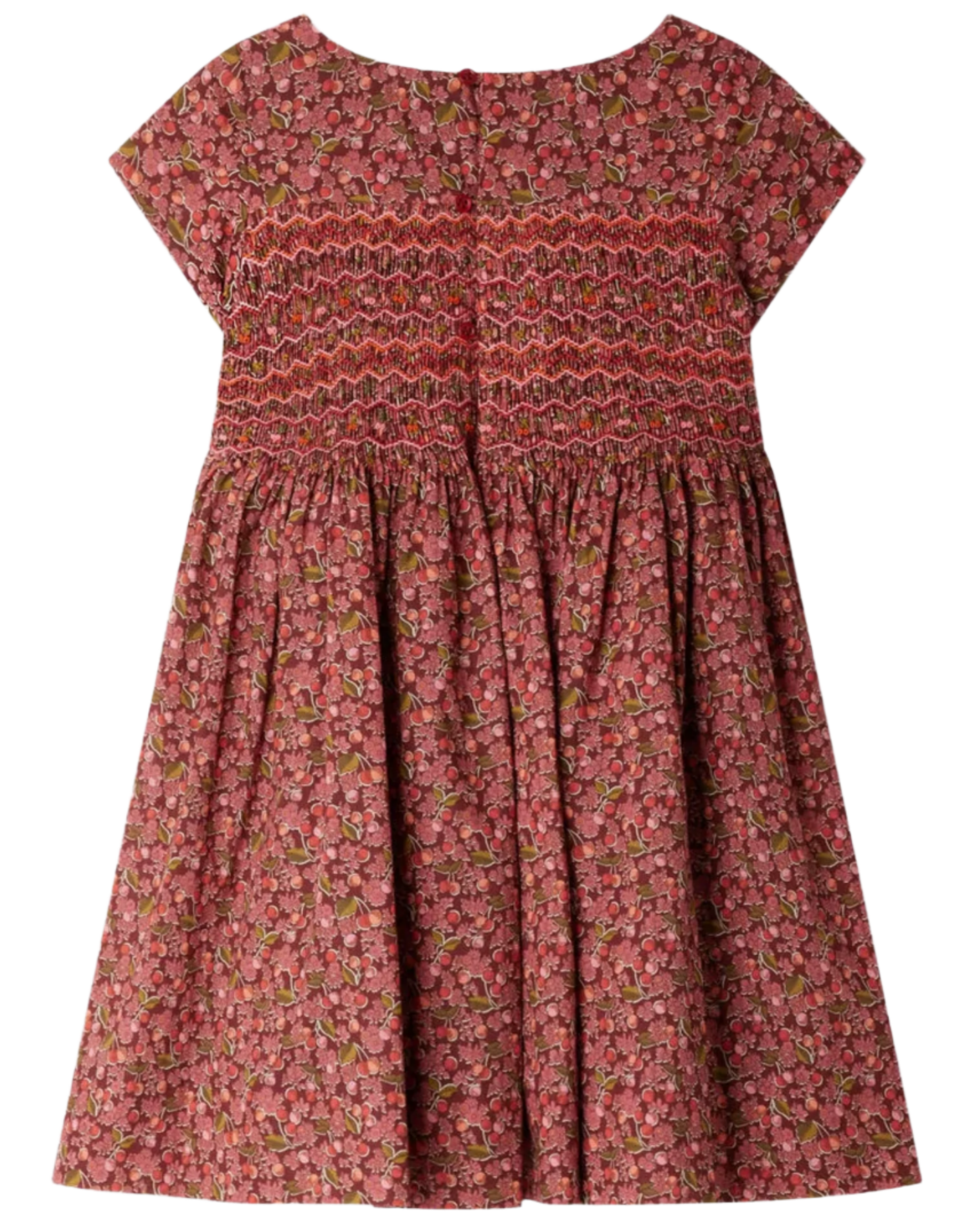 The Bonpoint Girls' Duchesse Smocked Dress made with Liberty Fabric features short sleeves, a knee-length cut, red and pink floral print, embroidered smocking on the bodice, and a gathered skirt.