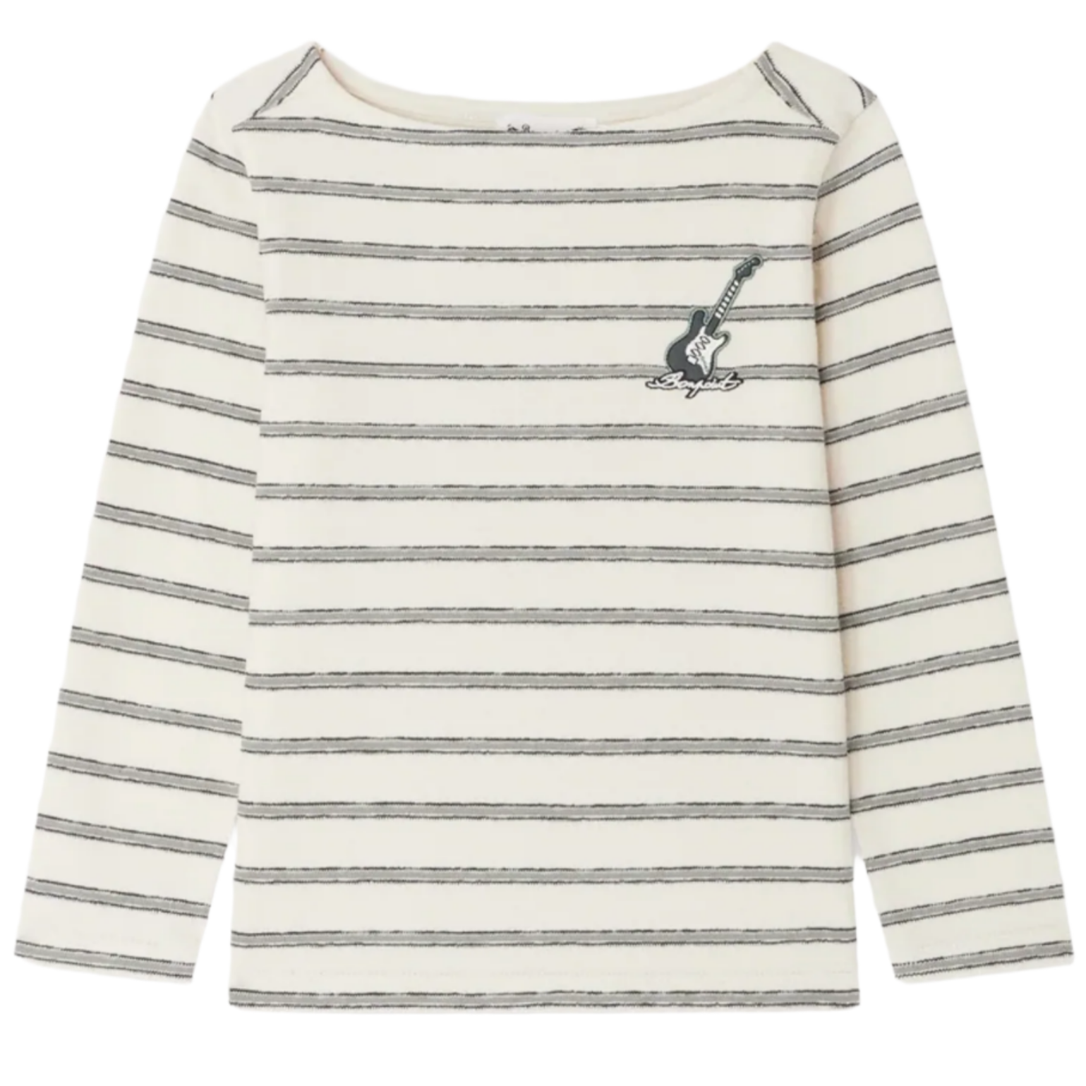 The Boys' Baudelaire Striped T-shirt with Guitar Embroidery by Bonpoint is crafted from organic cotton and features white and black stripes plus a small embroidered guitar and signature on the left chest.