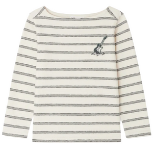 The Boys' Baudelaire Striped T-shirt with Guitar Embroidery by Bonpoint is crafted from organic cotton and features white and black stripes plus a small embroidered guitar and signature on the left chest.
