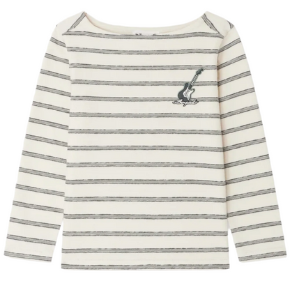 The Boys' Baudelaire Striped T-shirt with Guitar Embroidery by Bonpoint is crafted from organic cotton and features white and black stripes plus a small embroidered guitar and signature on the left chest.