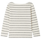 The Boys' Baudelaire Striped T-shirt by Bonpoint is a cream, long-sleeved top in organic cotton with horizontal black stripes and guitar embroidery, shown flat with the back side facing up.